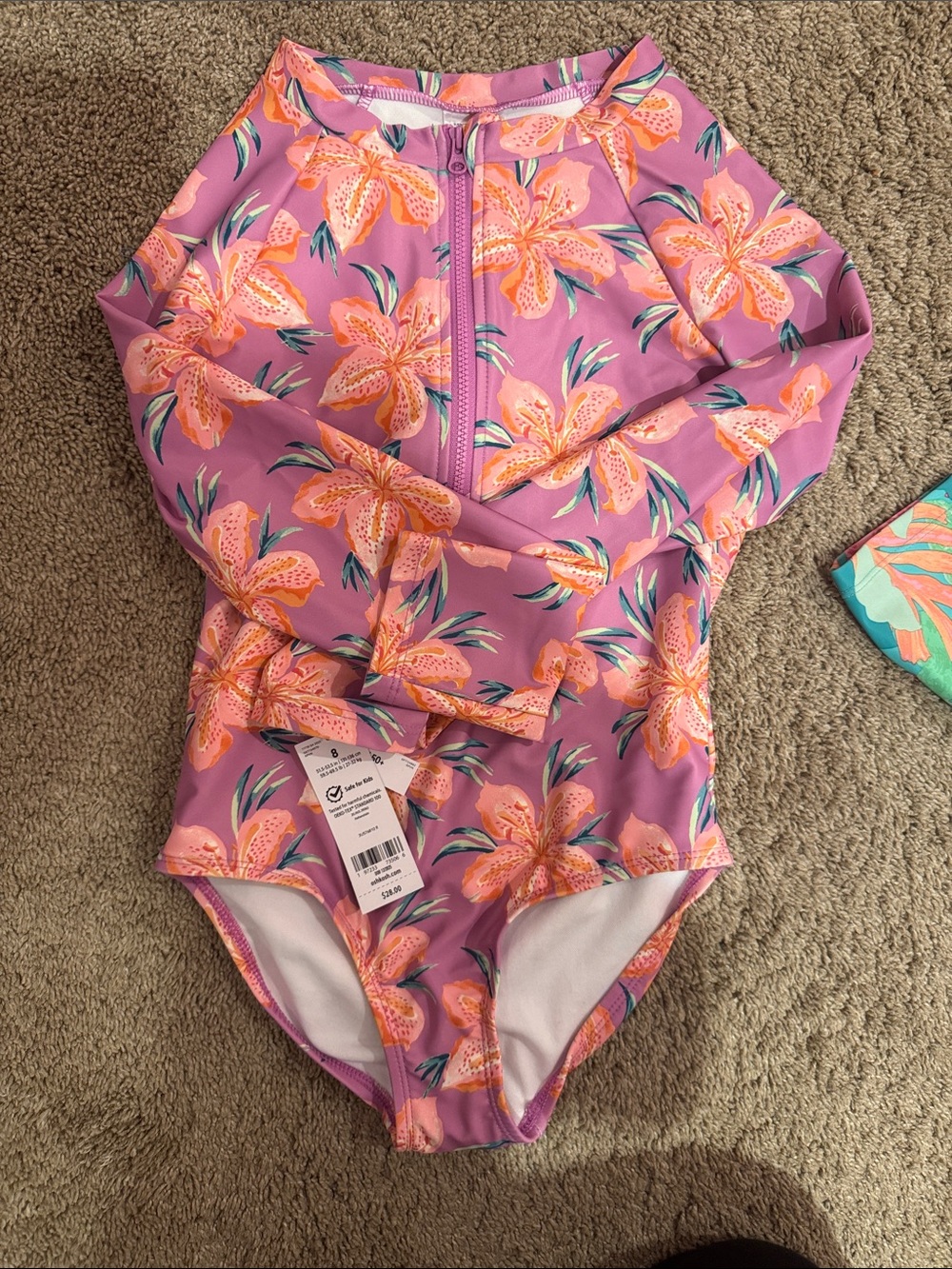 Carter's Pink Floral Long-Sleeve Zip Front Swim Rashguard
